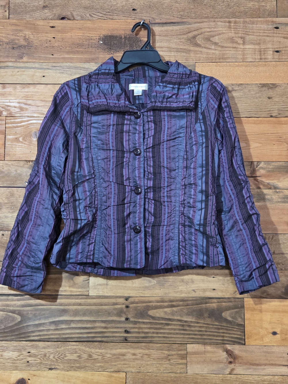 Crinkle Lagenlook Striped Jacket Purple Gray Textured Taffeta Style Casual Sz M